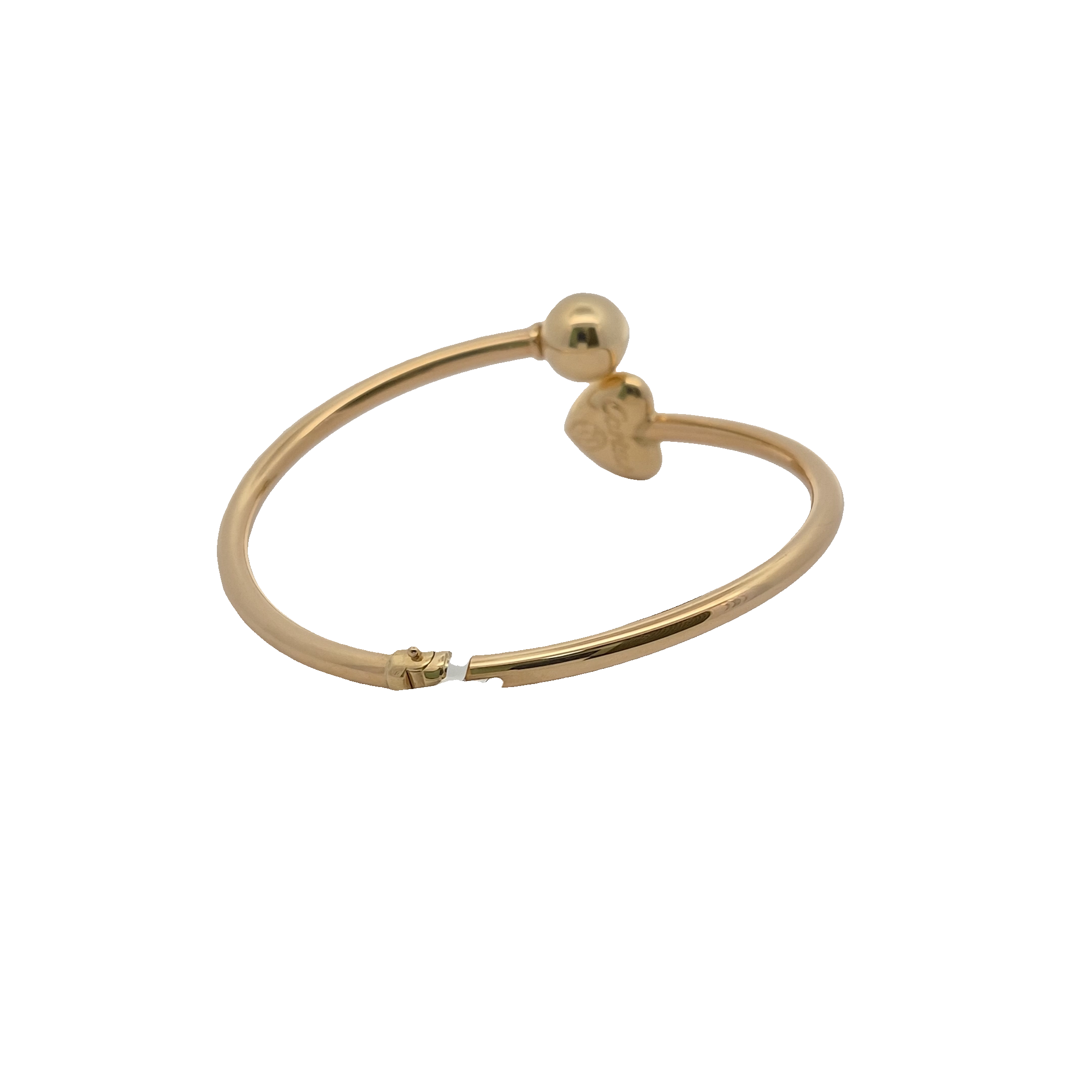 Top Quality Open Bangle with Heart and Bead Ends, 18K Standard Yellow Gold, view 3